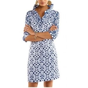 Gretchen Scott Ruffneck Jersey Dress Navy Blue/White Haveli 3/4 Sleeve Size M